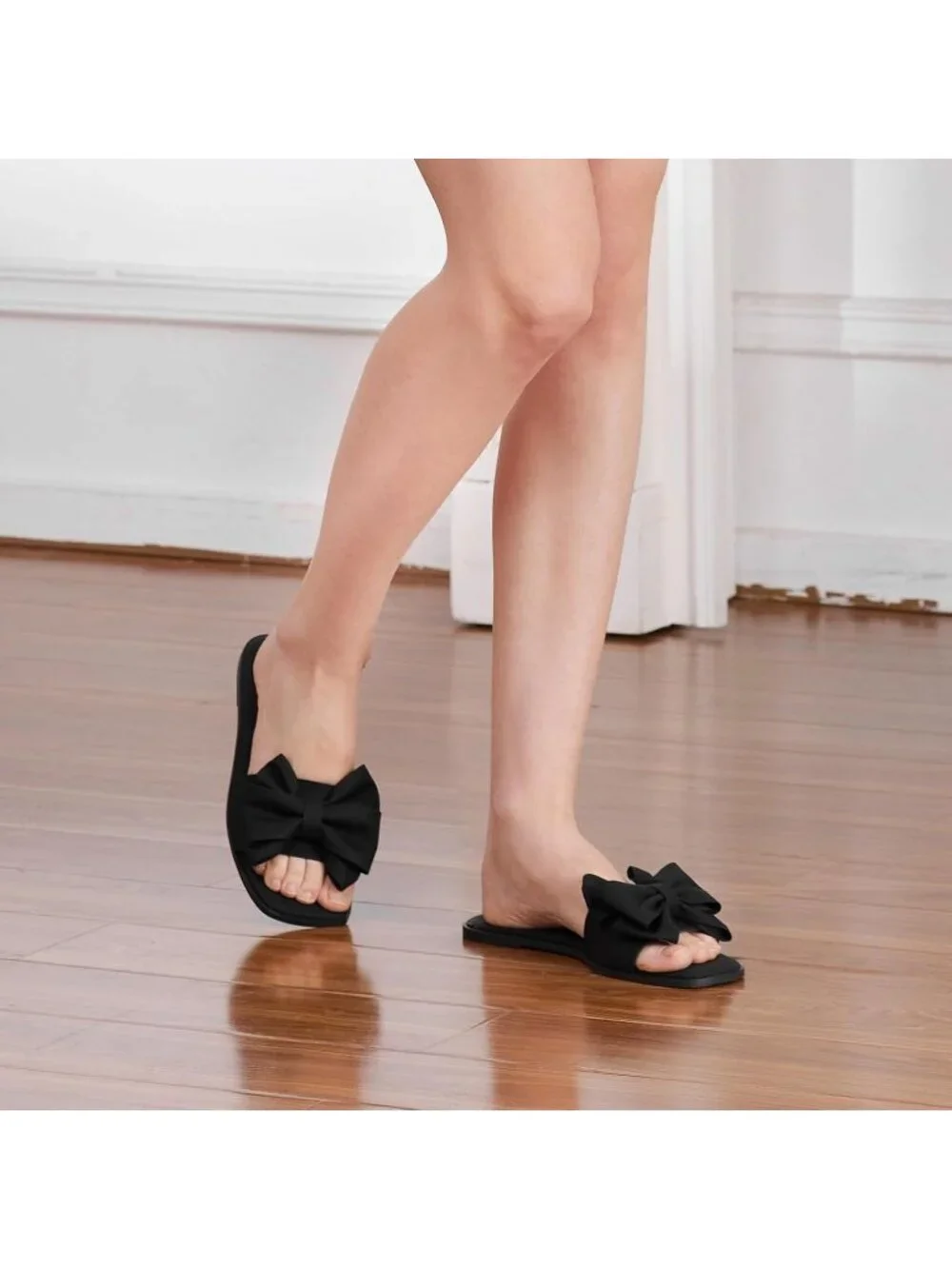 Women's Black Faux Leather Bow Flat Sandals Open Saquare Toe Comfortable Slides